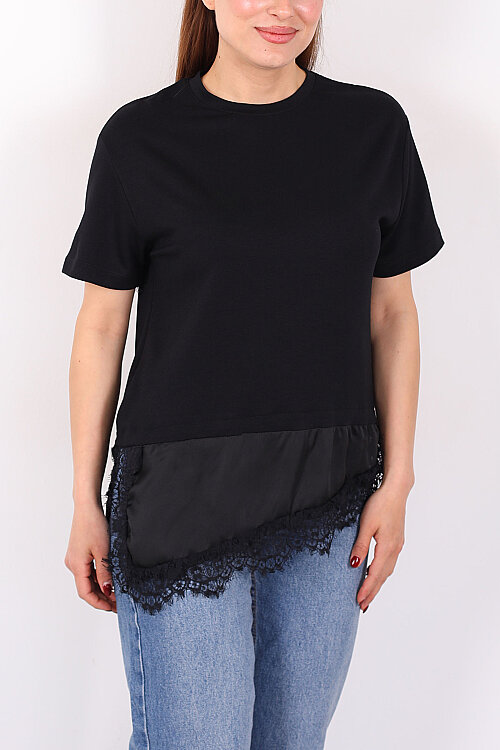 Saten Ve Güpür Garnili Kadın Siyah Asimetrik T-Shirt - Berox (1)