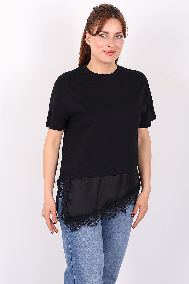 Saten Ve Güpür Garnili Kadın Siyah Asimetrik T-Shirt - 6
