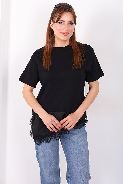 Saten Ve Güpür Garnili Kadın Siyah Asimetrik T-Shirt - 3