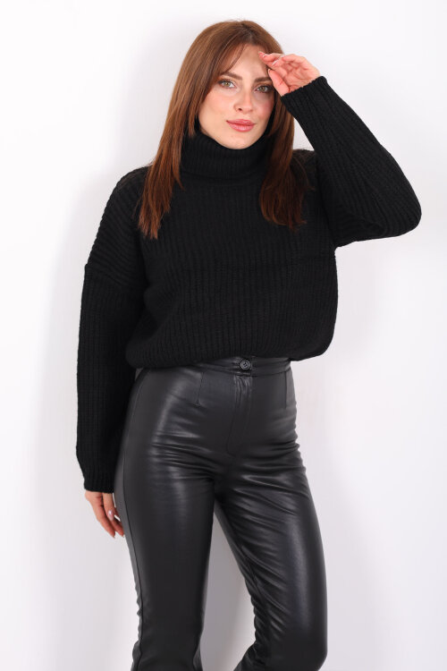 Selanik Örgülü Tam Balıkçı Kadın Siyah Triko Kazak - 6