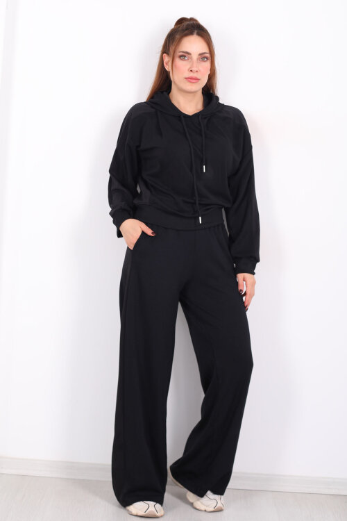 Şerit Garnili Bol Paça Siyah Kadın Pantolon - Berox