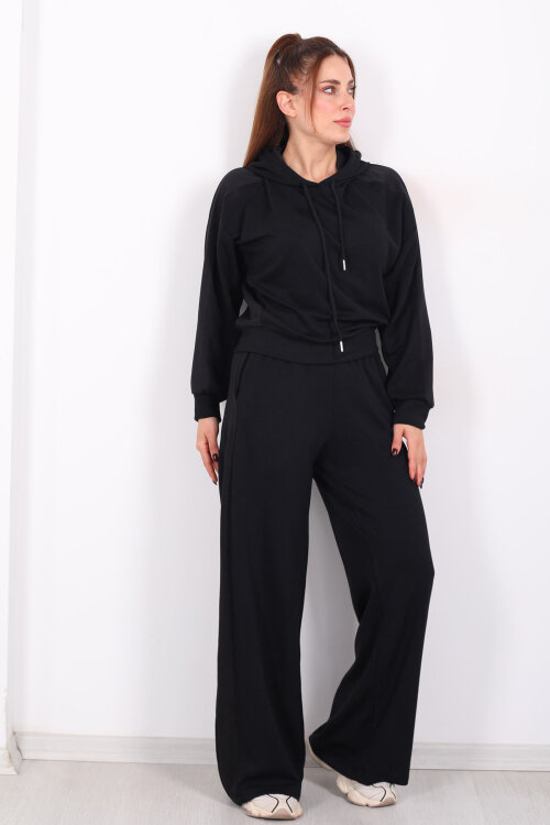 Şerit Garnili Bol Paça Siyah Kadın Pantolon - 5