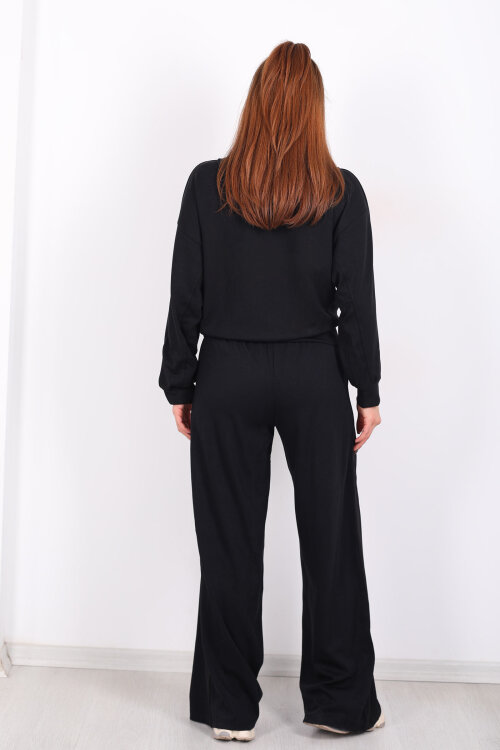 Şerit Garnili Bol Paça Siyah Kadın Pantolon - 4