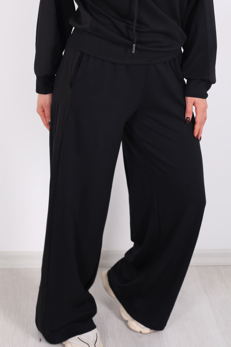 Şerit Garnili Bol Paça Siyah Kadın Pantolon - 2