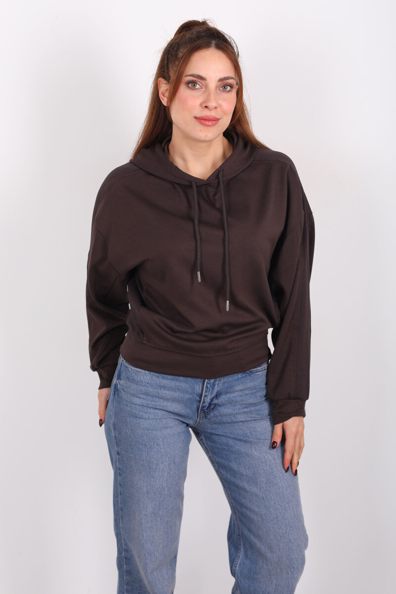 Şerit Garnili Kapüşonlu Acı Kahve Kadın Sweat - 6