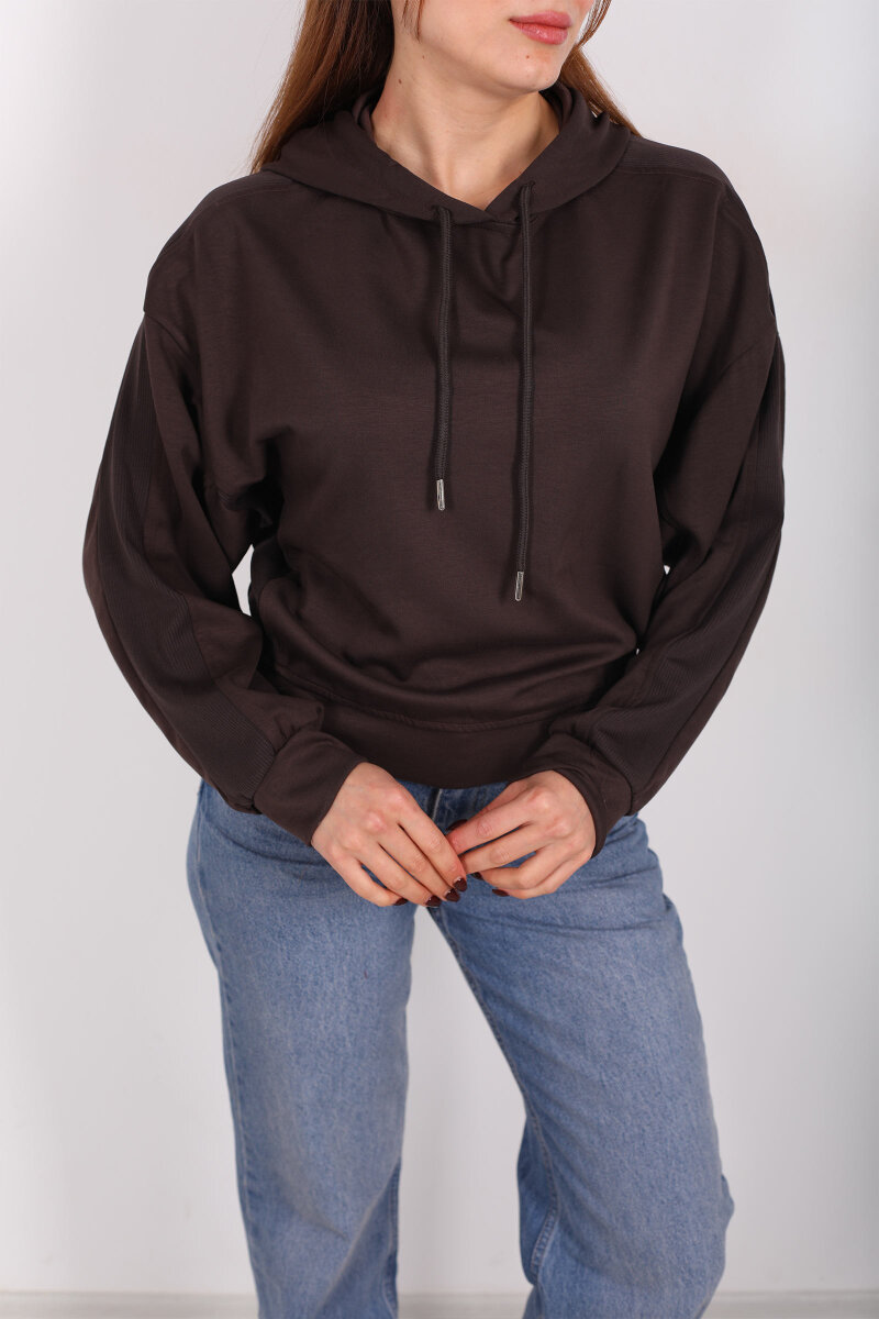Şerit Garnili Kapüşonlu Acı Kahve Kadın Sweat - 2
