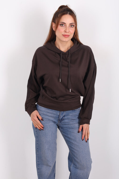 Şerit Garnili Kapüşonlu Acı Kahve Kadın Sweat 