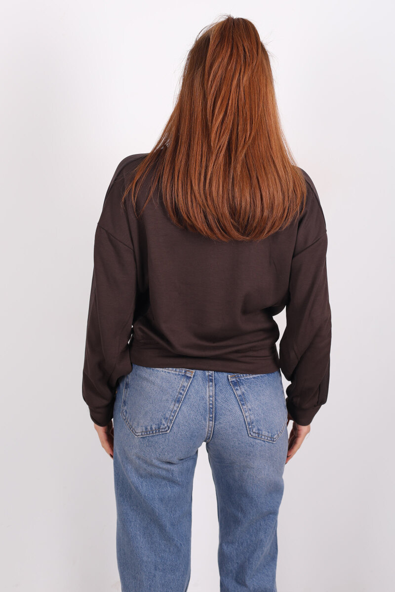 Şerit Garnili Kapüşonlu Acı Kahve Kadın Sweat - 5