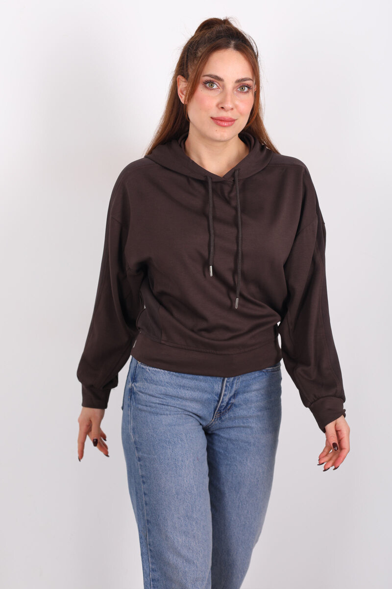 Şerit Garnili Kapüşonlu Acı Kahve Kadın Sweat - 4