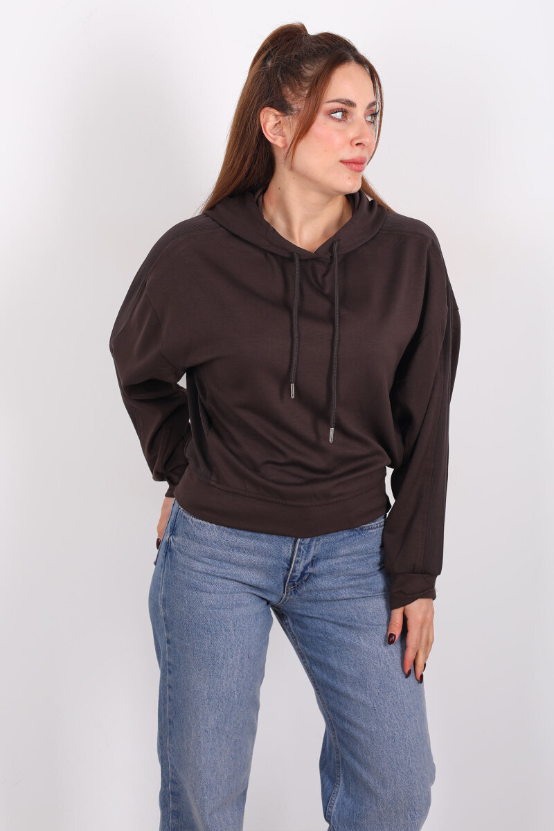 Şerit Garnili Kapüşonlu Acı Kahve Kadın Sweat - 3