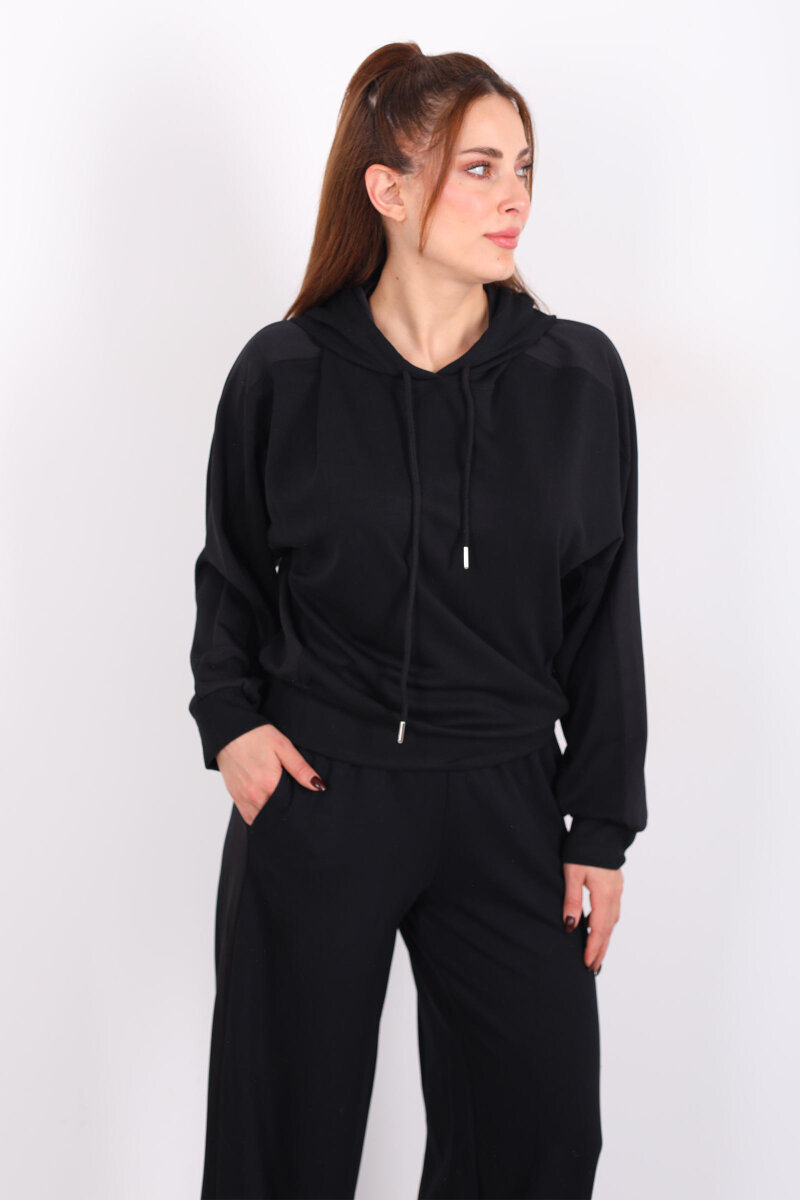 Şerit Garnili Kapüşonlu Siyah Kadın Sweat - 1