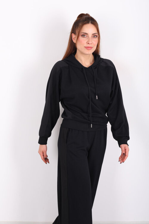 Şerit Garnili Kapüşonlu Siyah Kadın Sweat - 3