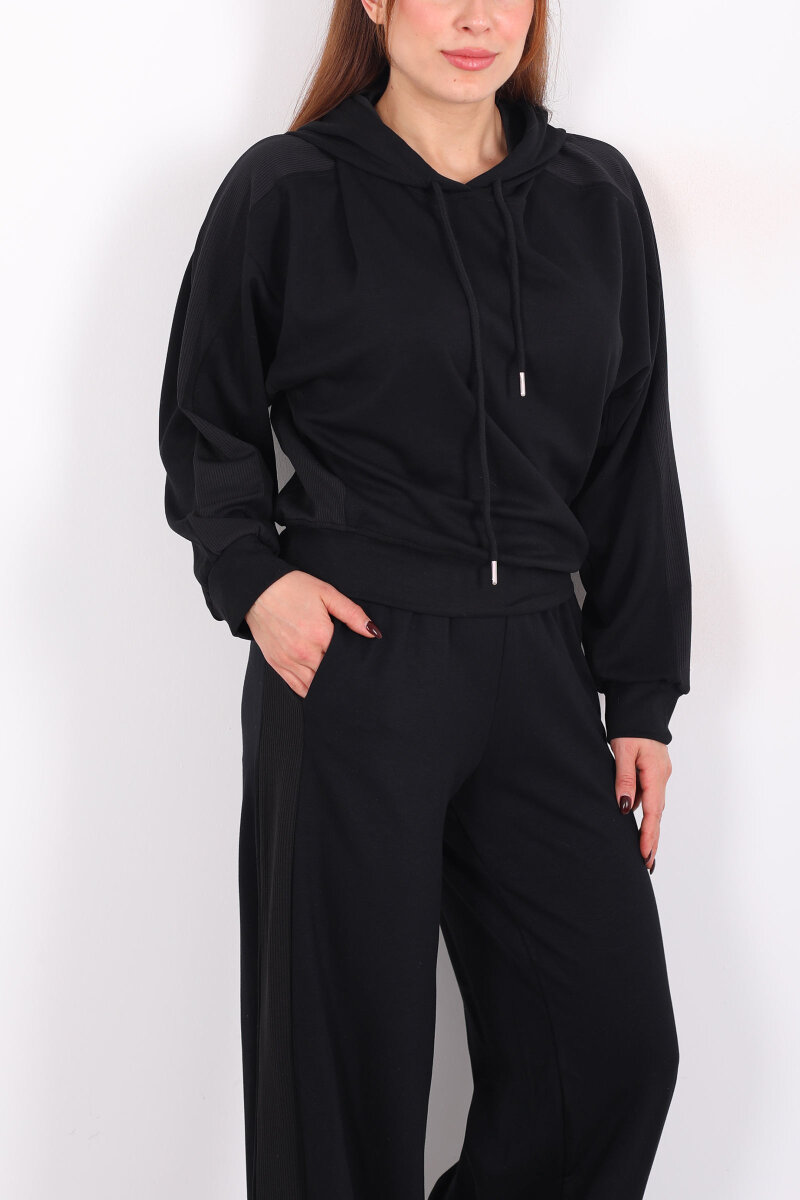 Şerit Garnili Kapüşonlu Siyah Kadın Sweat - 2