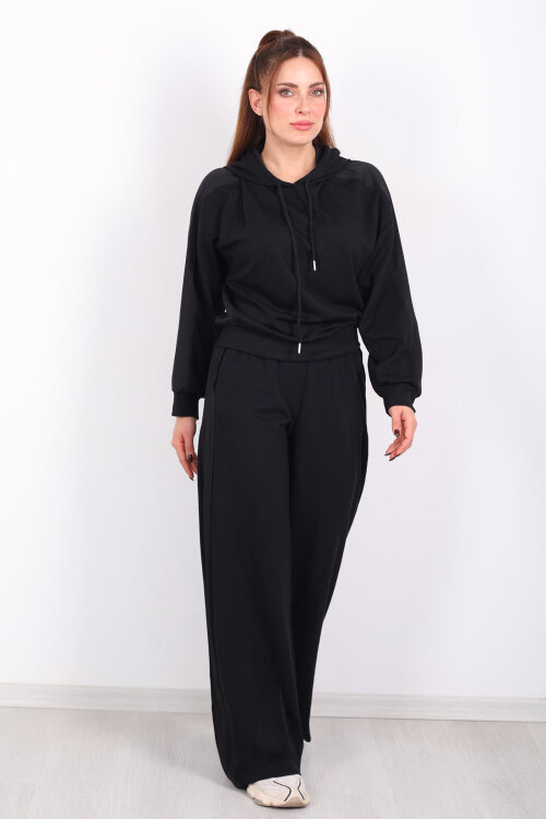 Şerit Garnili Kapüşonlu Siyah Kadın Sweat - 6