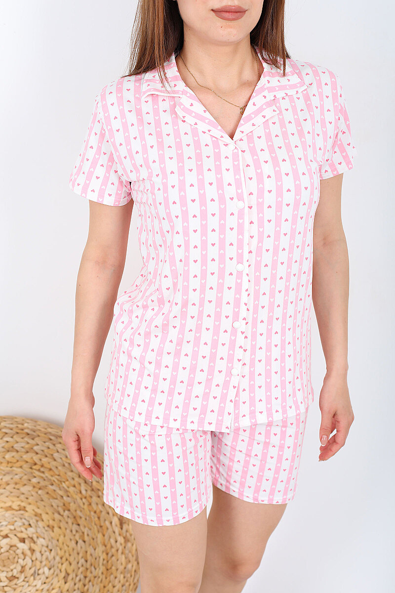 Şeritli Kalp Desenli Düğmeli Pembe Kadın Şortlu Pijama Takımı - 2