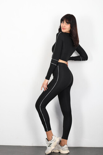 Şeritli Scuba Kadın Siyah Crop Tayt Takım - 6