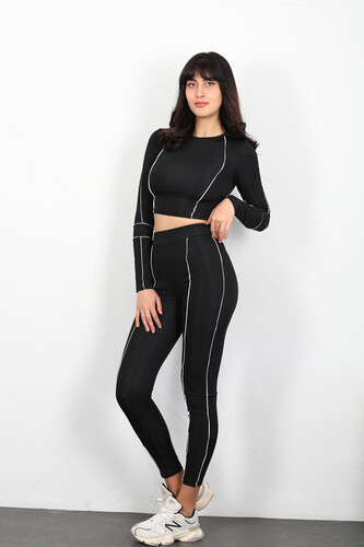 Şeritli Scuba Kadın Siyah Crop Tayt Takım - Berox (1)