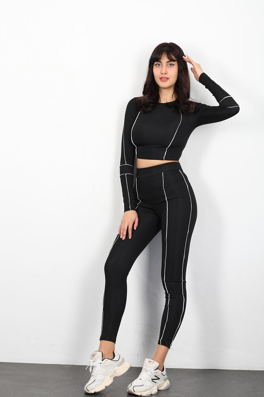Şeritli Scuba Kadın Siyah Crop Tayt Takım - 5