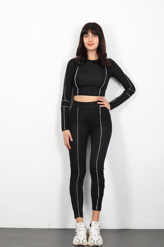 Şeritli Scuba Kadın Siyah Crop Tayt Takım - 1