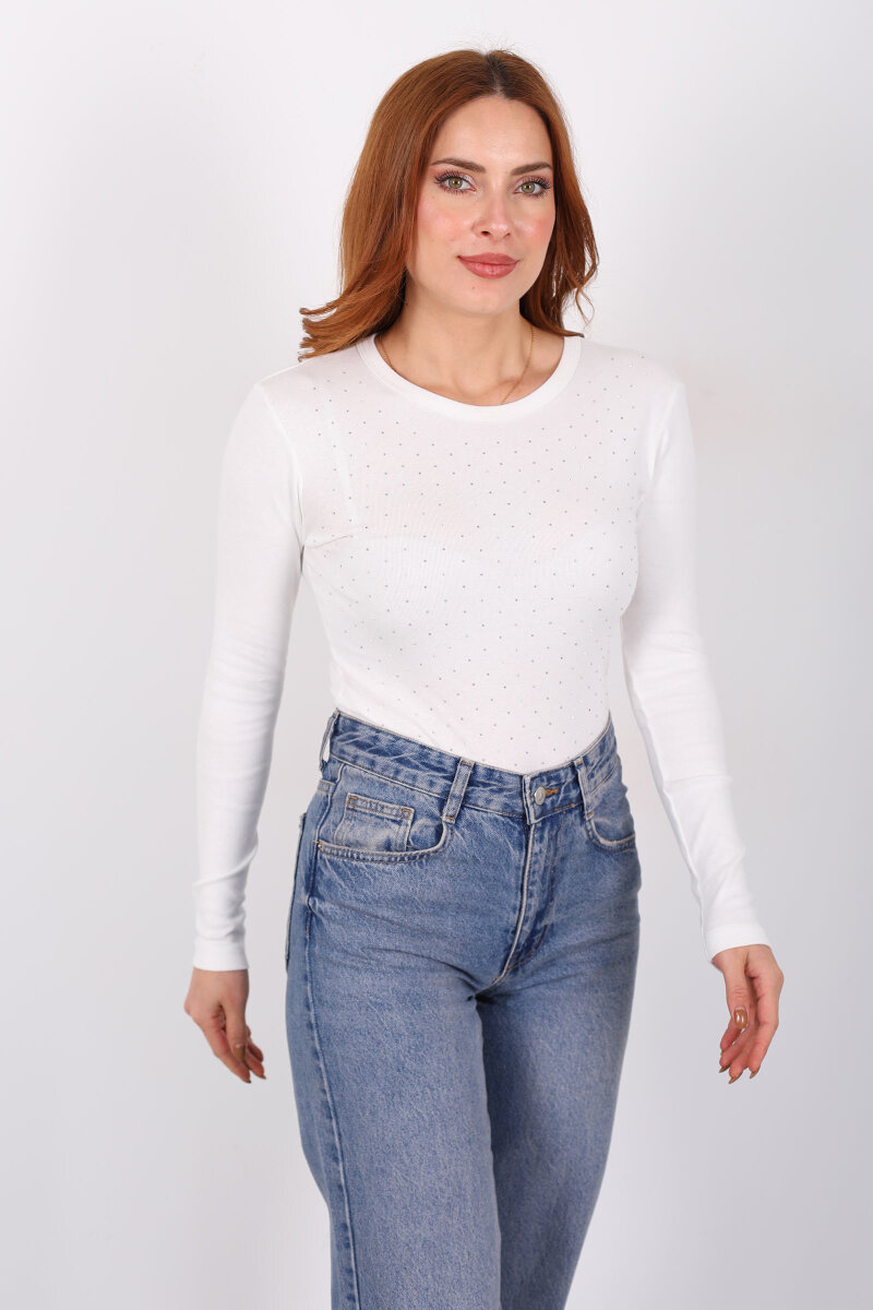 Serpme Taş Detaylı Beyaz Kadın Basic Bluz - 3