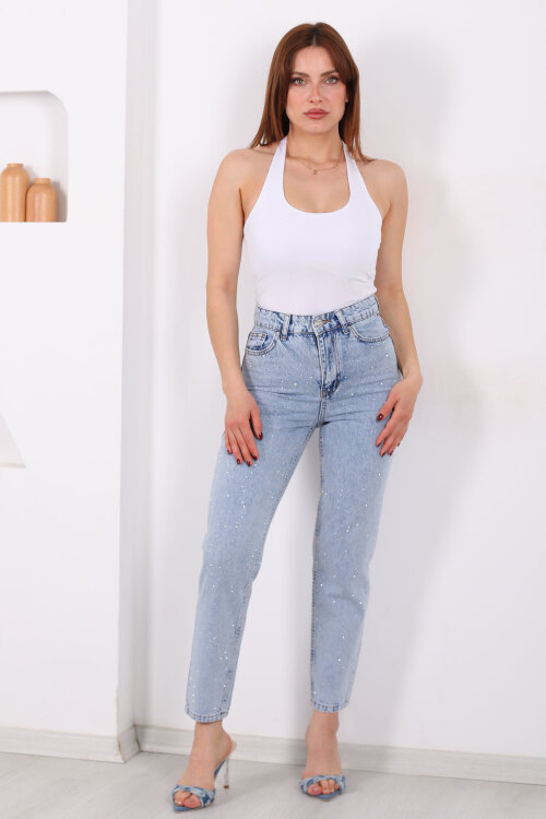 Serpme Taş Detaylı Kadın Açık Mavi Kar Yıkama Kot Mom Jean - 3