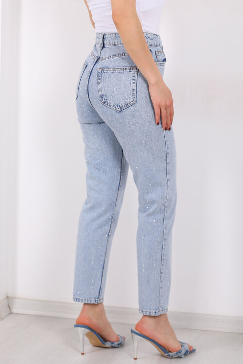 Serpme Taş Detaylı Kadın Açık Mavi Kar Yıkama Kot Mom Jean - 6