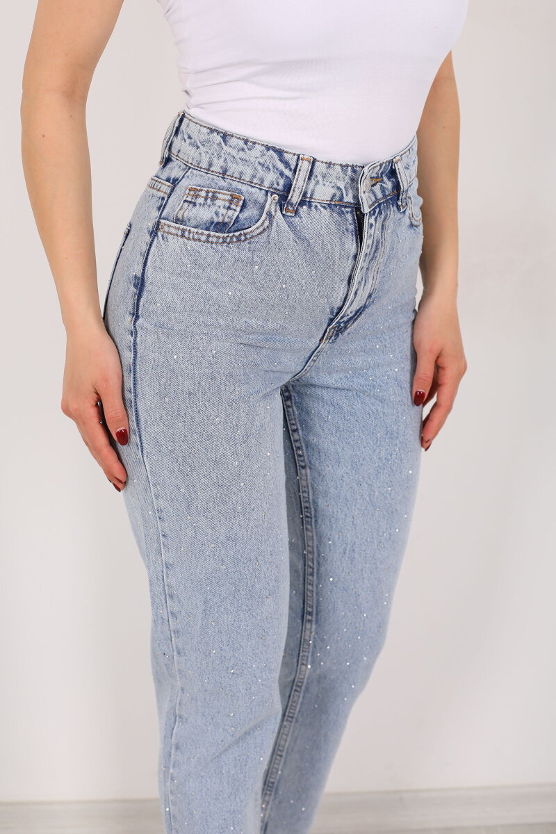 Serpme Taş Detaylı Kadın Açık Mavi Kar Yıkama Kot Mom Jean - 2