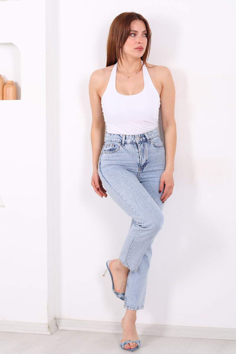 Serpme Taş Detaylı Kadın Açık Mavi Kar Yıkama Kot Mom Jean - 5