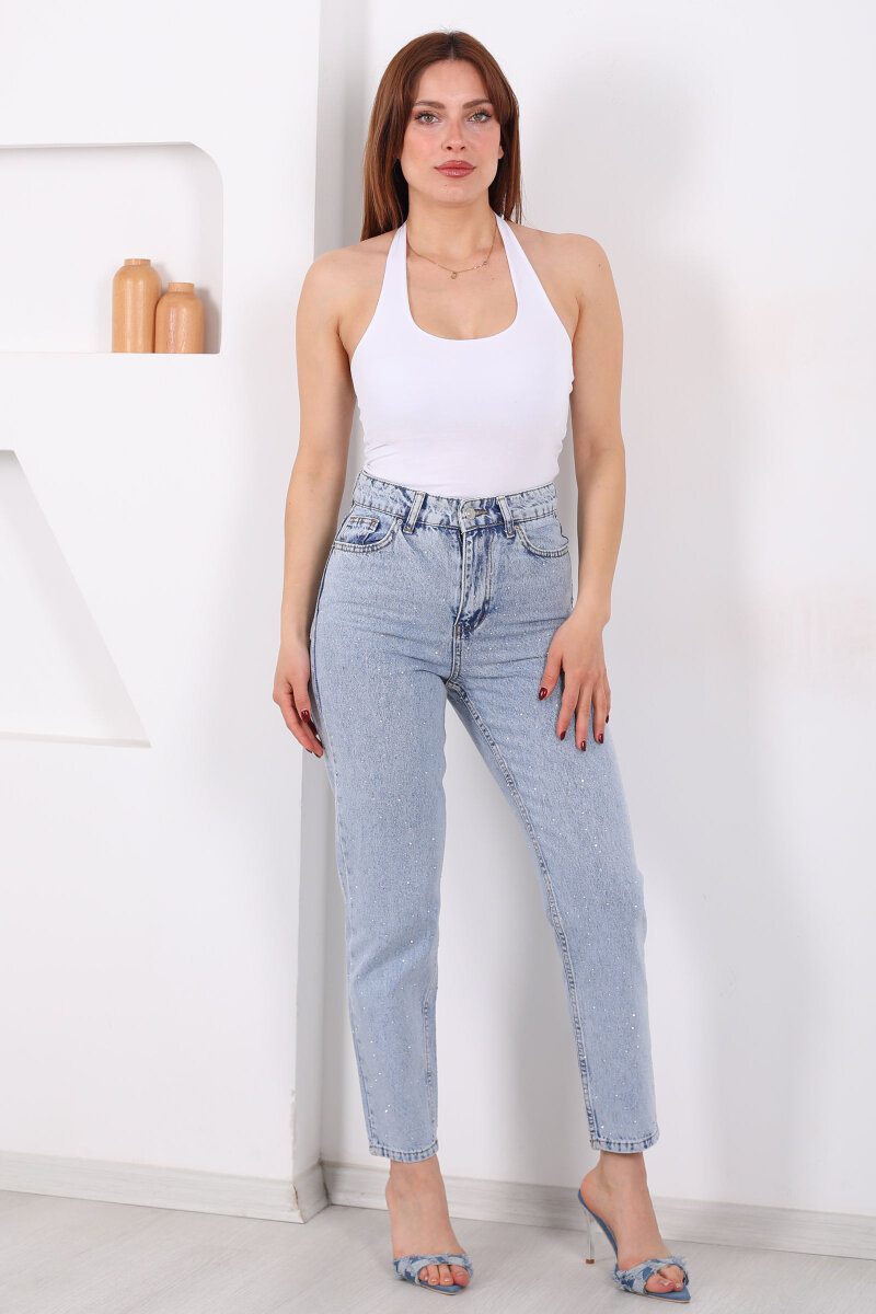Serpme Taş Detaylı Kadın Açık Mavi Kar Yıkama Kot Mom Jean - 7