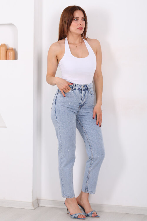 Serpme Taş Detaylı Kadın Açık Mavi Kar Yıkama Kot Mom Jean - Berox