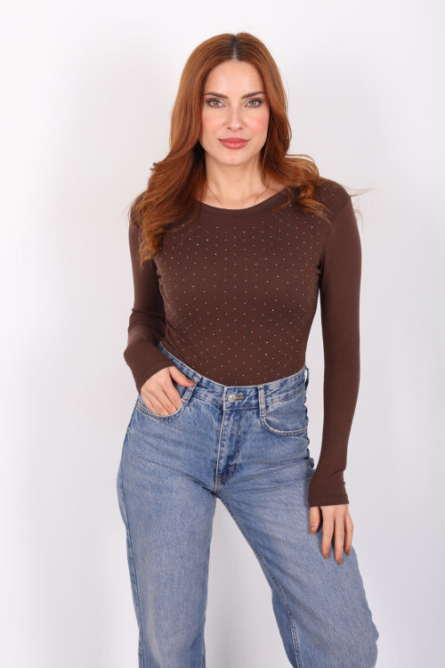 Serpme Taş Detaylı Kahverengi Kadın Basic Bluz - Berox