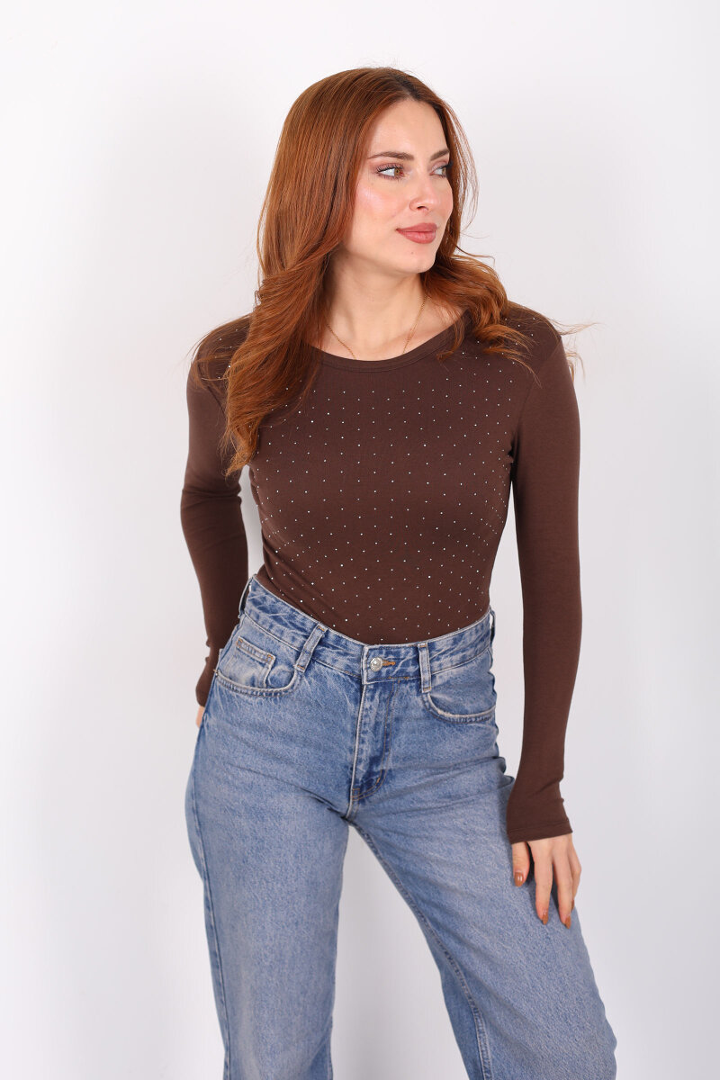 Serpme Taş Detaylı Kahverengi Kadın Basic Bluz - 3