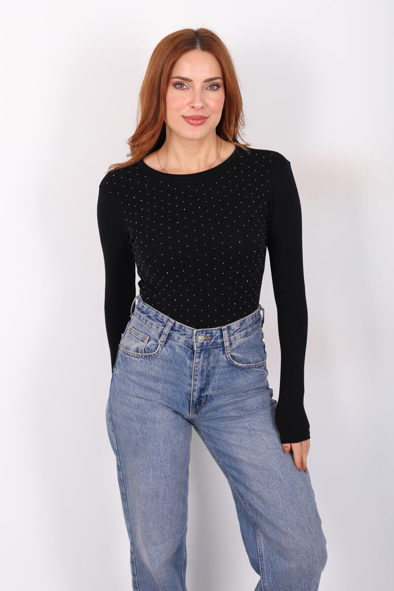 Serpme Taş Detaylı Siyah Kadın Basic Bluz - 1