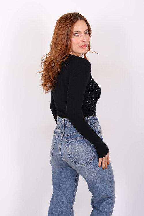 Serpme Taş Detaylı Siyah Kadın Basic Bluz - 4