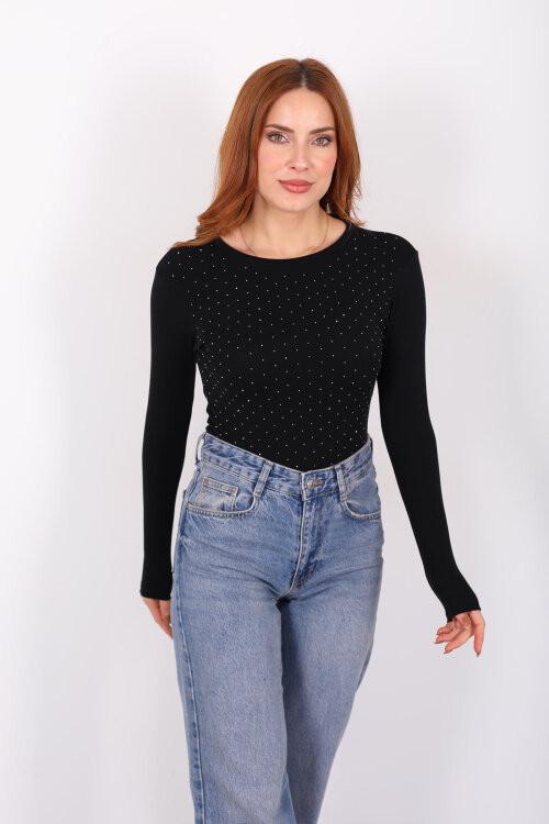 Serpme Taş Detaylı Siyah Kadın Basic Bluz - 5
