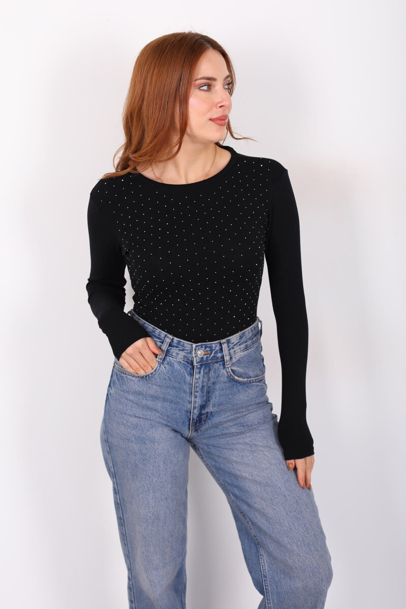Serpme Taş Detaylı Siyah Kadın Basic Bluz - 3