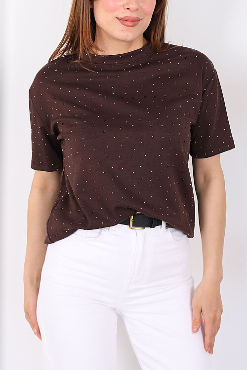 Serpme Taşlı Bisiklet Yaka Oversize Kahverengi Kadın T-Shirt - Berox (1)