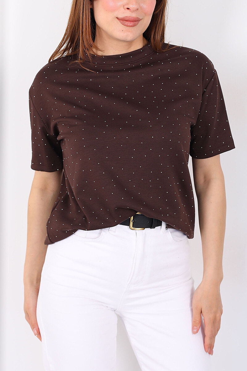 Serpme Taşlı Bisiklet Yaka Oversize Kahverengi Kadın T-Shirt - 2