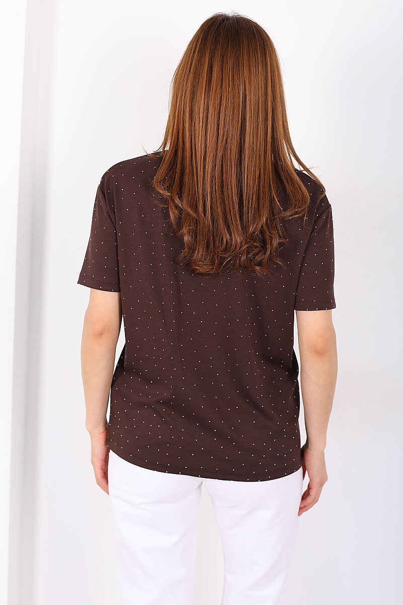 Serpme Taşlı Bisiklet Yaka Oversize Kahverengi Kadın T-Shirt - 5