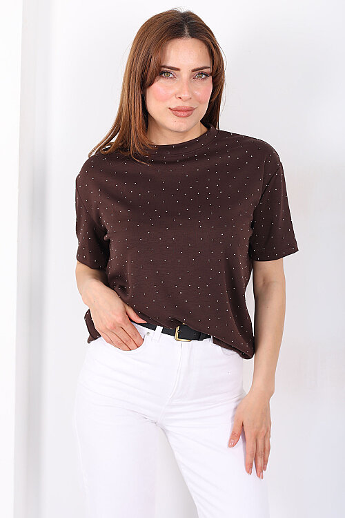 Serpme Taşlı Bisiklet Yaka Oversize Kahverengi Kadın T-Shirt - 4