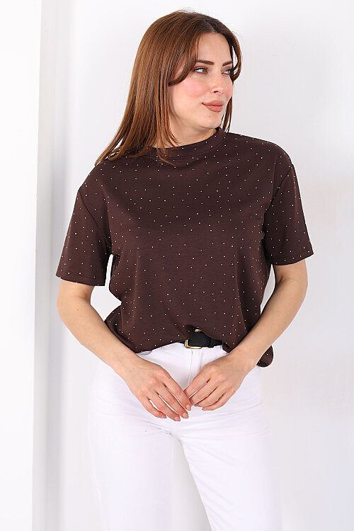 Serpme Taşlı Bisiklet Yaka Oversize Kahverengi Kadın T-Shirt - Berox