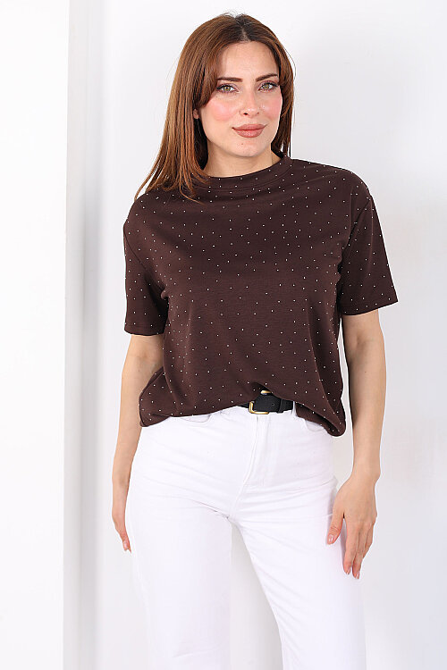 Serpme Taşlı Bisiklet Yaka Oversize Kahverengi Kadın T-Shirt - 6