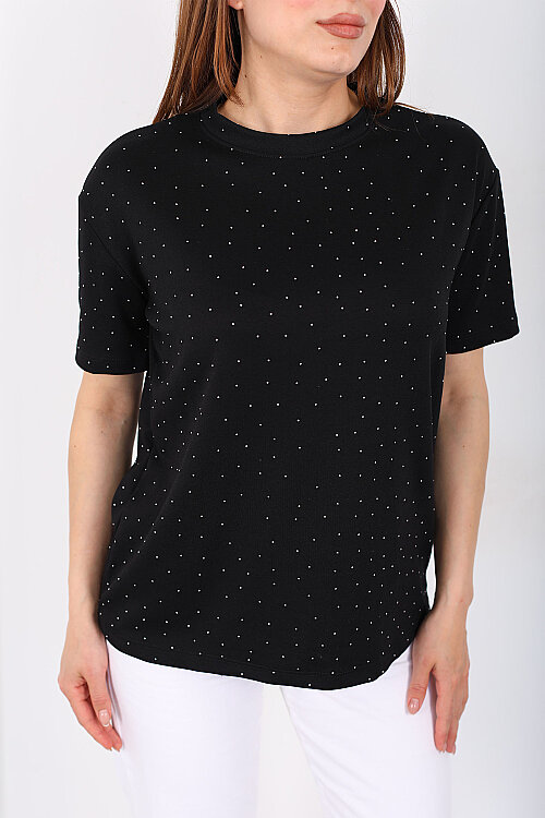 Serpme Taşlı Bisiklet Yaka Oversize Siyah Kadın T-Shirt - Berox (1)