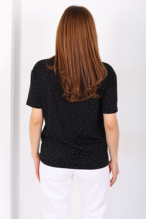 Serpme Taşlı Bisiklet Yaka Oversize Siyah Kadın T-Shirt - 5