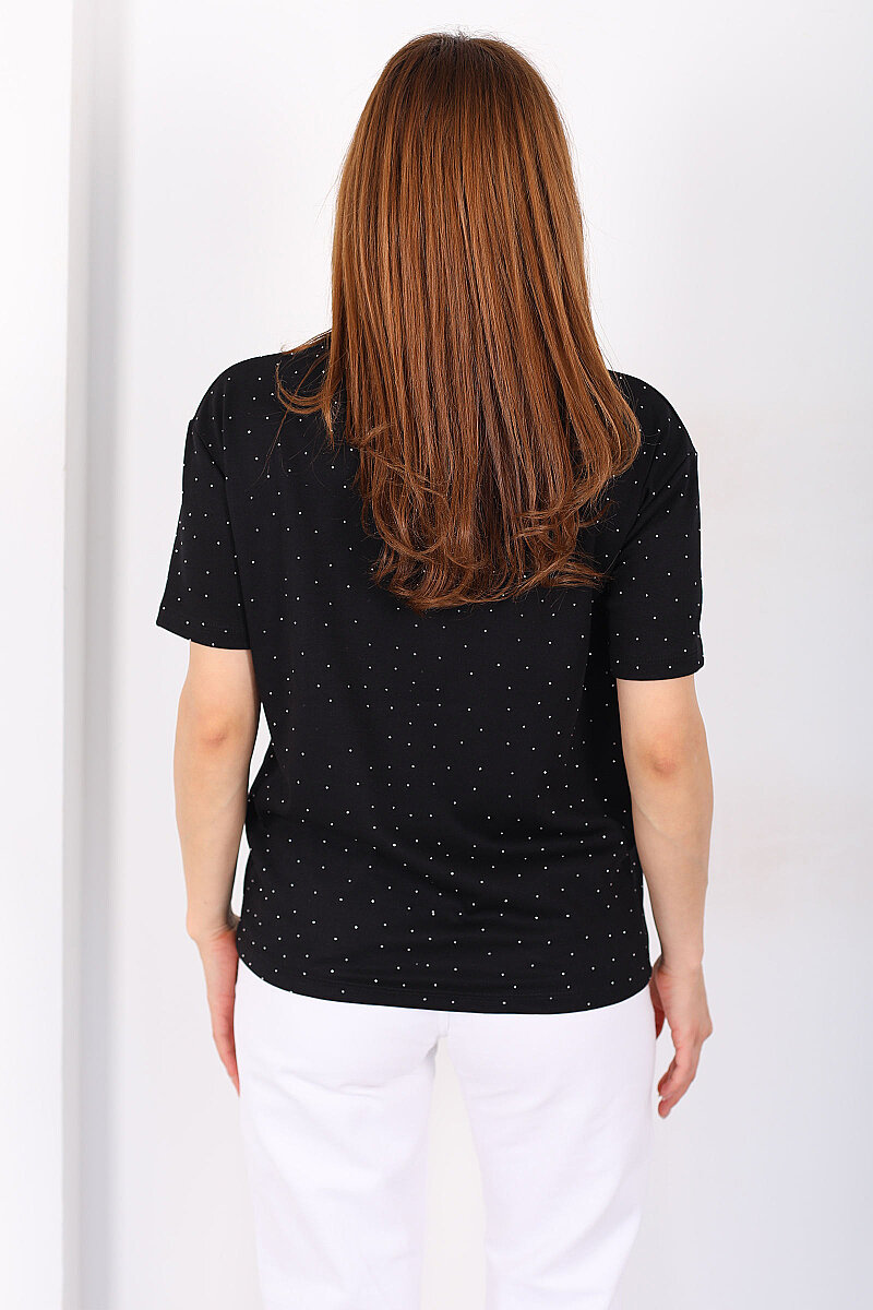 Serpme Taşlı Bisiklet Yaka Oversize Siyah Kadın T-Shirt - 5