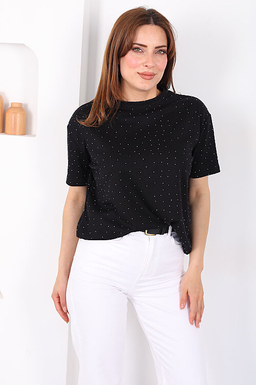 Serpme Taşlı Bisiklet Yaka Oversize Siyah Kadın T-Shirt - 6