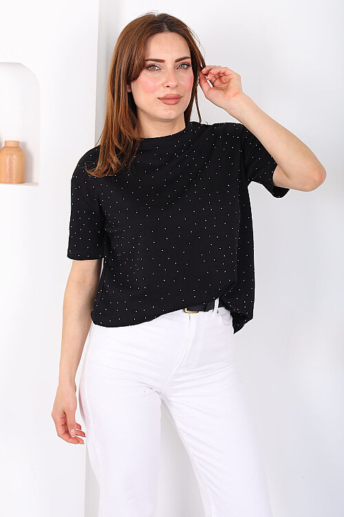 Serpme Taşlı Bisiklet Yaka Oversize Siyah Kadın T-Shirt - Berox