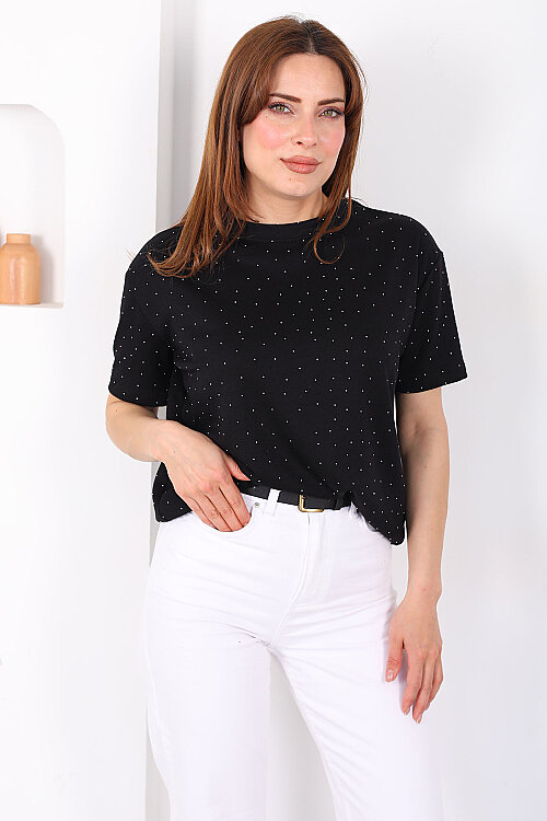 Serpme Taşlı Bisiklet Yaka Oversize Siyah Kadın T-Shirt - 4