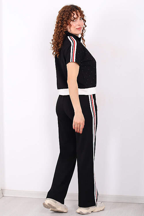 Serpme Taşlı Şerit Garnili Stoperli Siyah Kadın Takım - 7