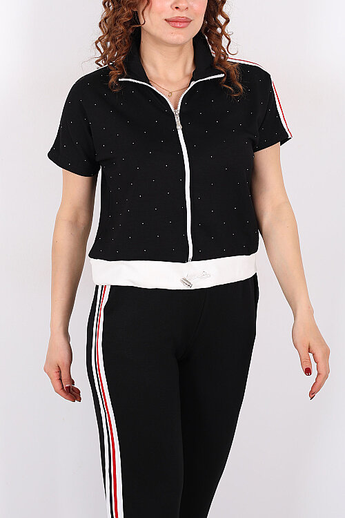 Serpme Taşlı Şerit Garnili Stoperli Siyah Kadın Takım - 5